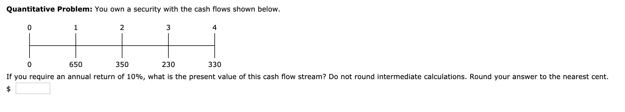 Quantitative Problem: You own a security with the cash flows shown
