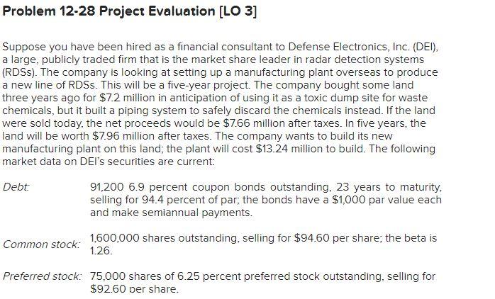  Problem 12-28 Project Evaluation [LO 3] Suppose you have been hired