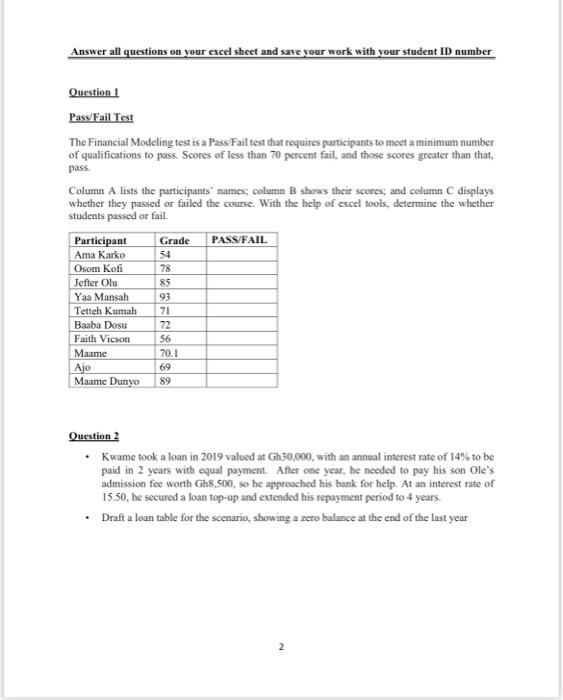  Answer all questions on your excel sheet and save your work