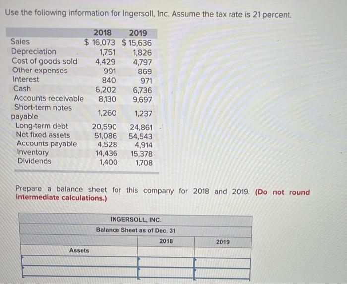 Pls do in excel thx. Use the following information for Ingersoll, Inc.