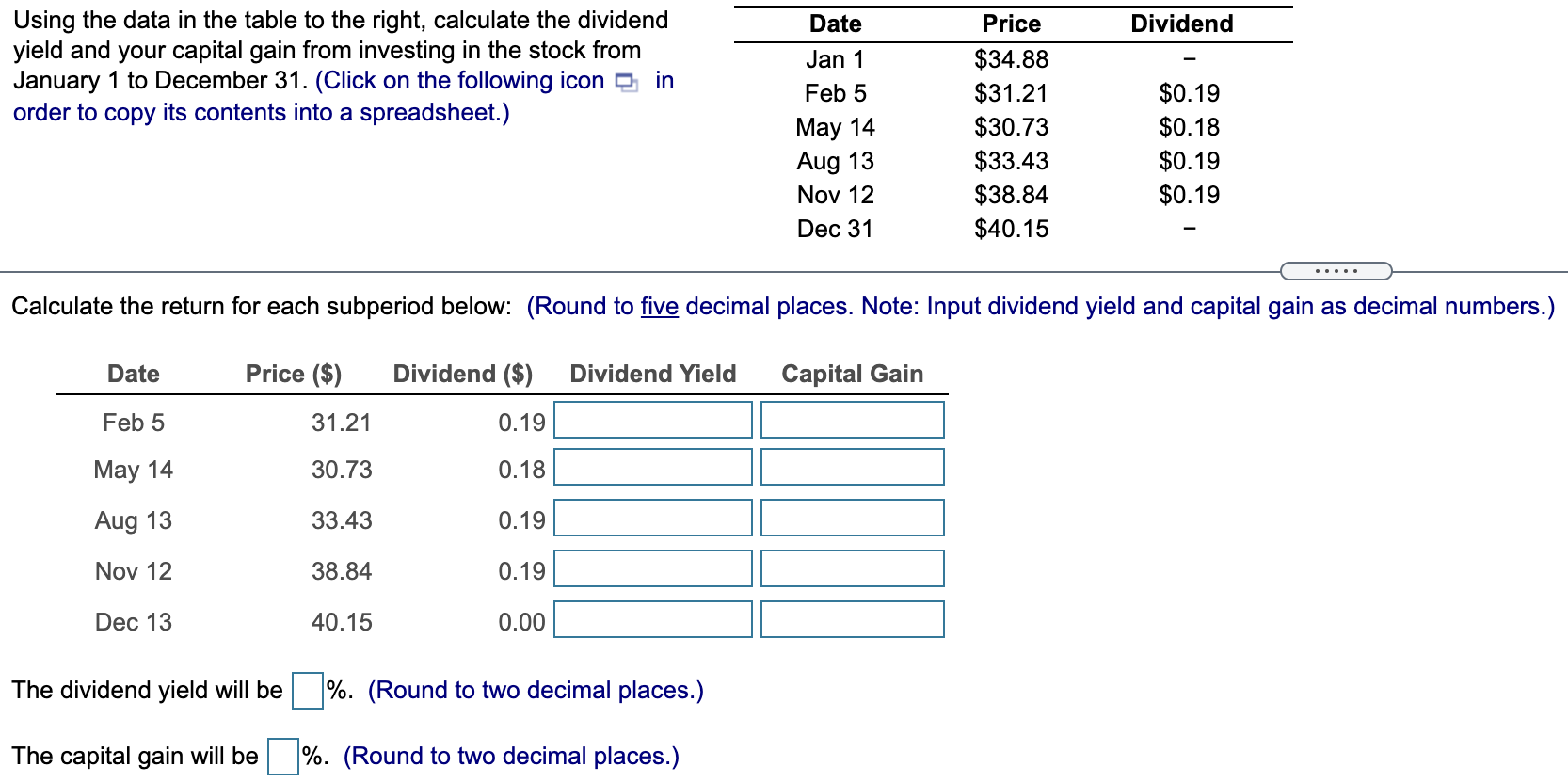  Dividend Using the data in the table to the right, calculate