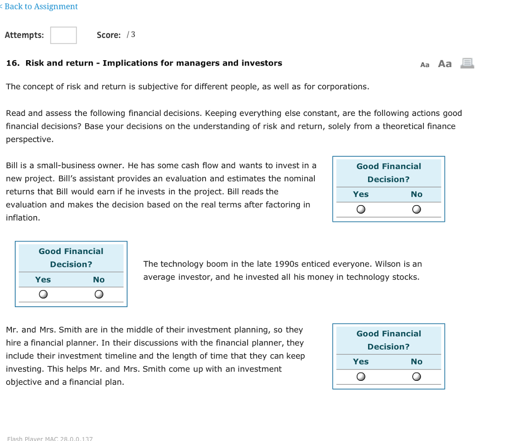  Back to Assignment Score: /3 Attempts 16. Risk and return Implications