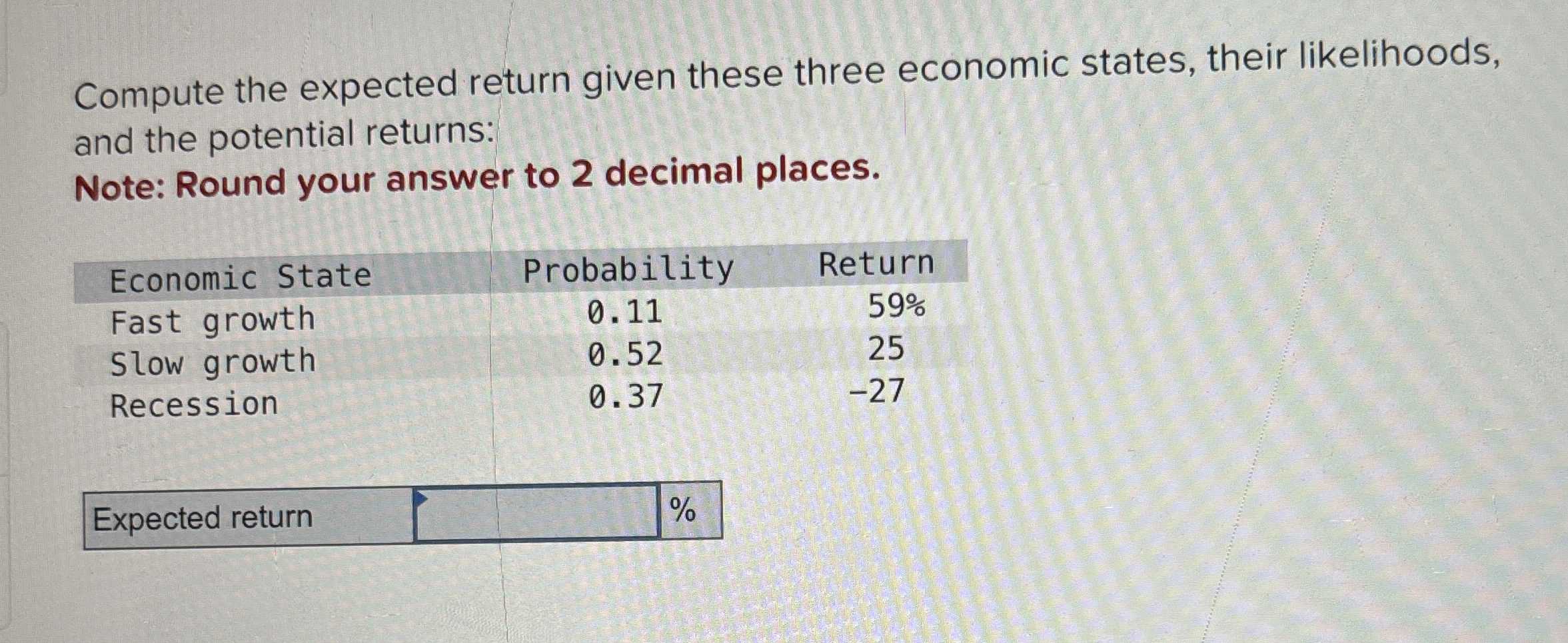  Compute the expected return given these three economic states, their likelihoods,