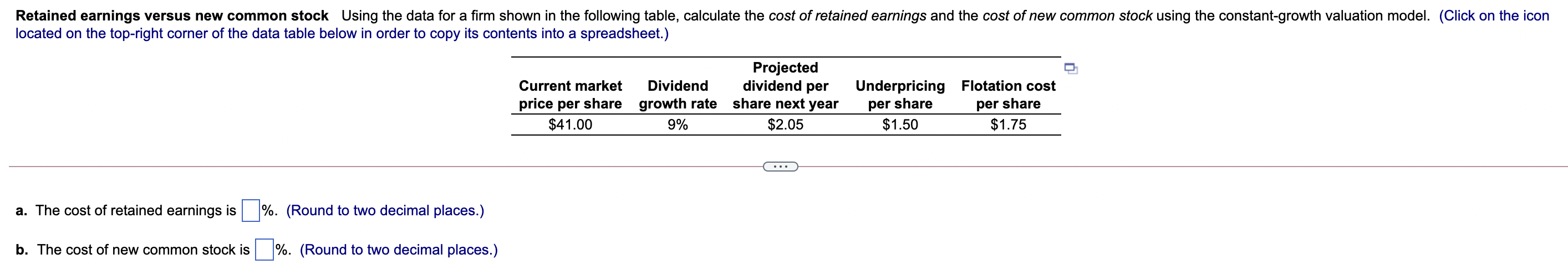  Retained earnings versus new common stock Using the data for a