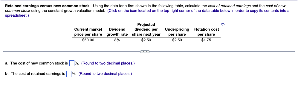  Retained earnings versus new common stock Using the data for a