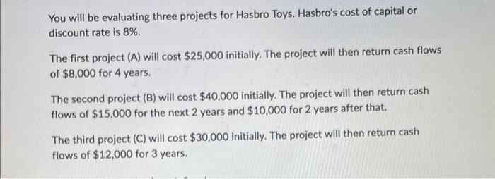  You will be evaluating three projects for Hasbro Toys. Hasbro's cost