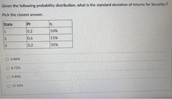 given the following probability distribution, what is the standard deviation of returns