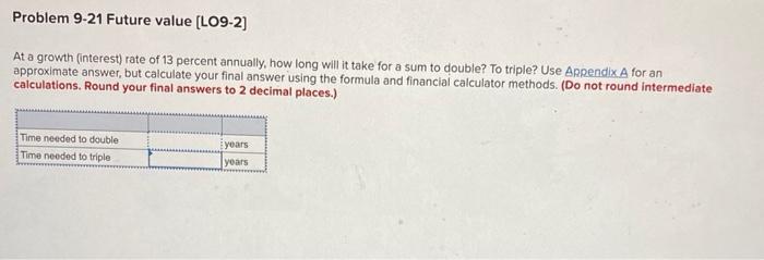  Problem 9-21 Future value [LO9-2] At a growth interest) rate of