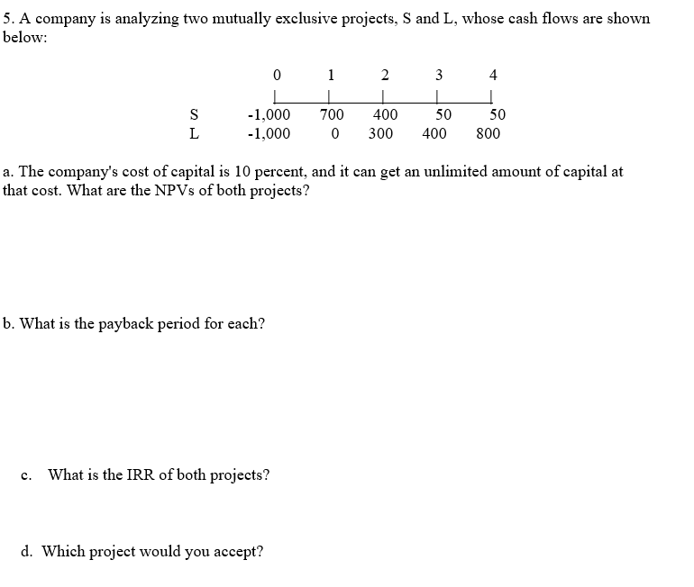 5. A company is analyzing two mutually exclusive projects, S and