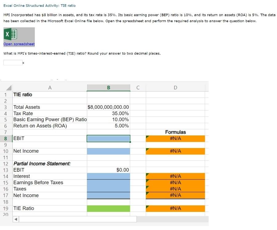  Excel Online Structured Activity: TIE ratio MPI Incorporated has $8 billion