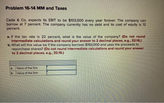  Problem 16-14 MM and Taxes Cede & Co. expects its EBIT