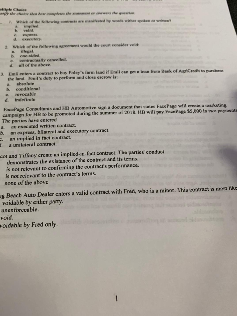 Need help for Business law class, practice multiple choice questions. Please
