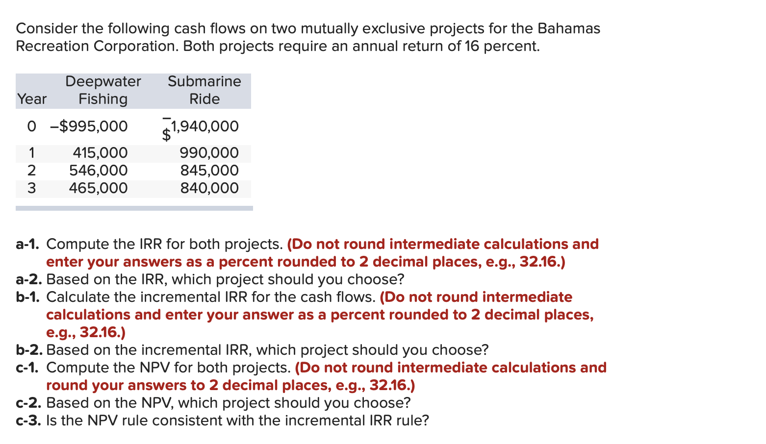  Consider the following cash flows on two mutually exclusive projects for