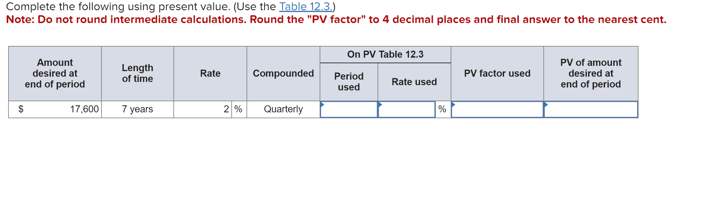  Complete the following using present value. (Use the Table 12.3.) Note: