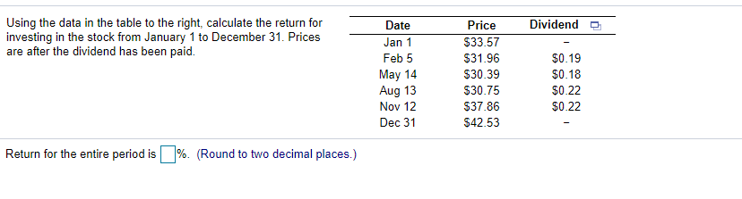  Dividend Using the data in the table to the right, calculate