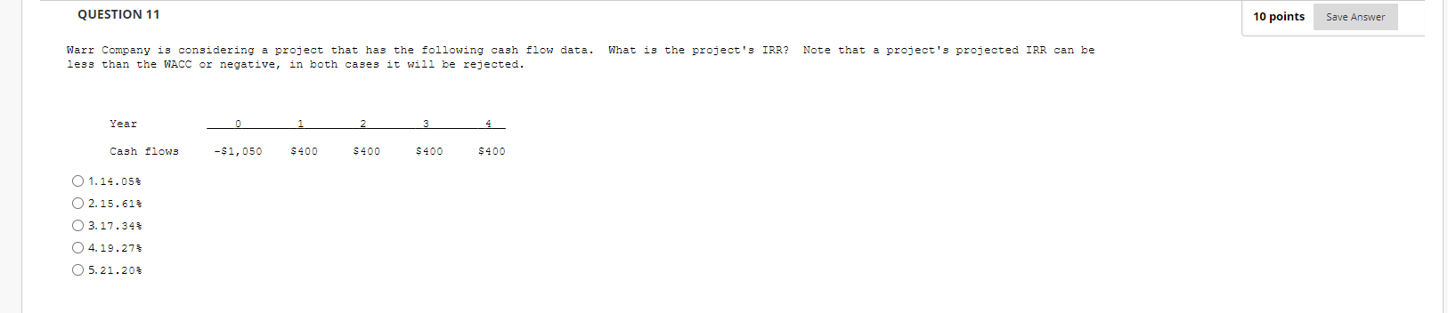  QUESTION 11 10 points Save Answer What is the project's IRR?