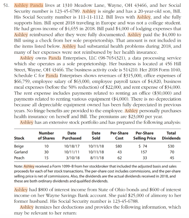  Please help with the tax forms!! 51. Ashley Panda lives at
