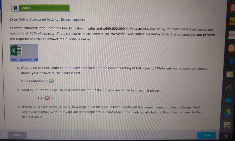 Video Excel Online Structured Activity: Excess capacity Earleton Manufacturing Company has