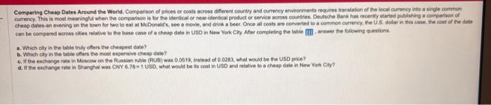 please help asap. and show work Comparing Cheap Dates Around the World.