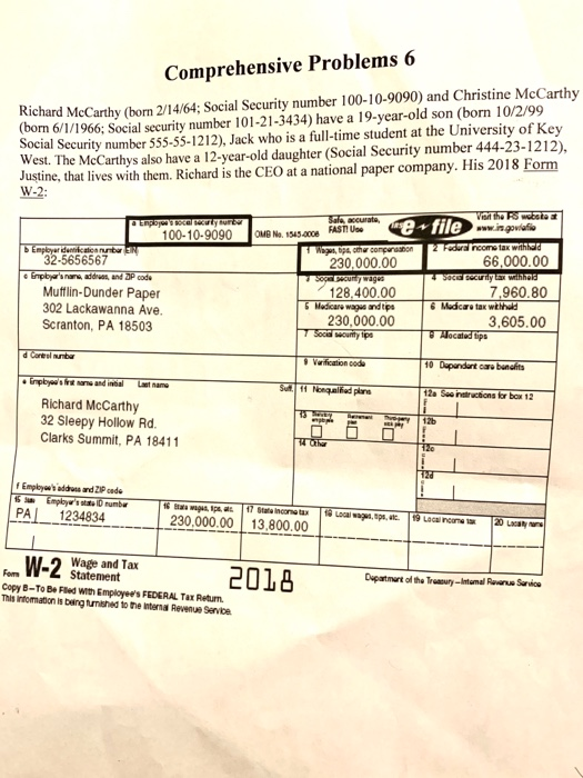  Comprehensive Problems 6 Richard McCarthy (born 2/14/64; Social Security number 100-10-9090)