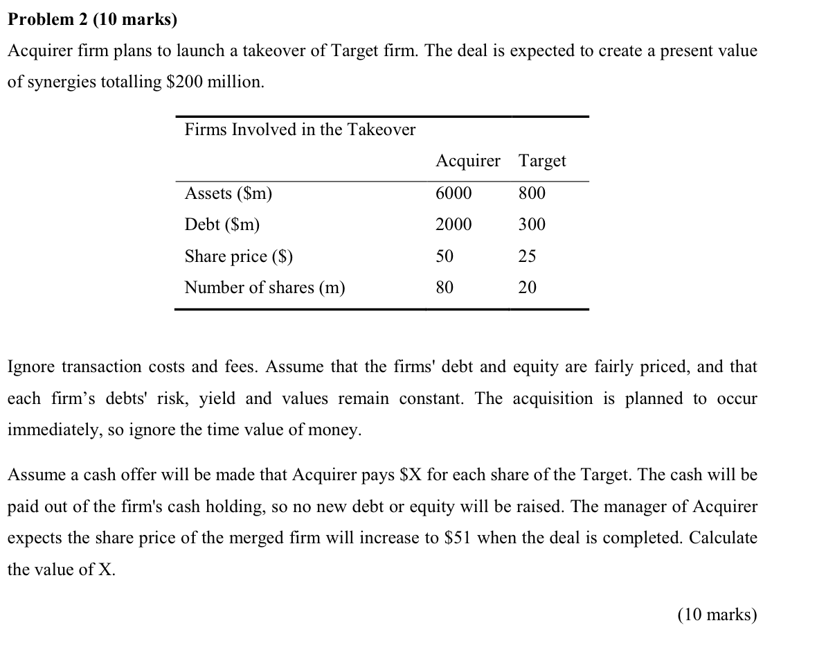Problem 2 (10 marks) Acquirer firm plans to launch a takeover