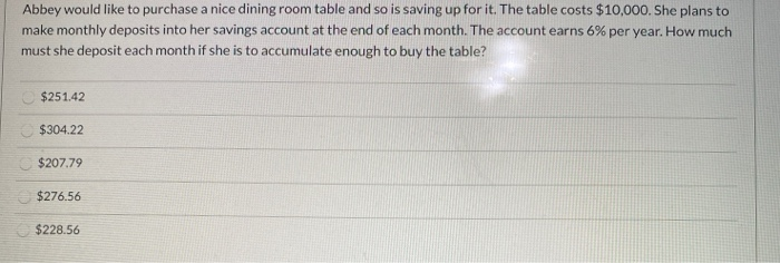 so is saving up for it. The table costs $10,000. She plans