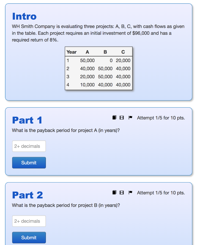 Intro WH Smith Company is evaluating three projects: A, B, C,