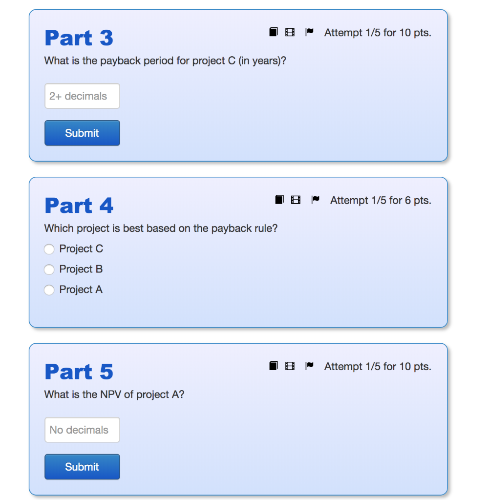 with cash flows as given in the table. Each project requires an