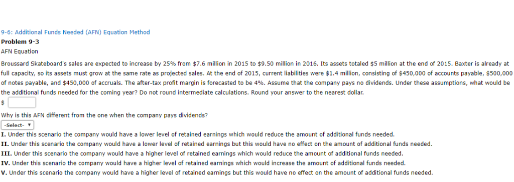  9-6: Additional Funds Needed (AFN) Equation Method Problem 9-3 AFN Equation