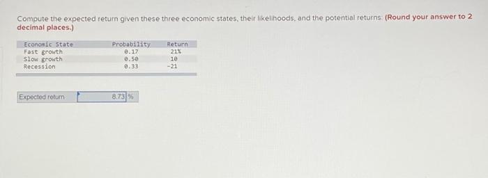 Compute the expected return given these three economic states, their likelihoods,and the