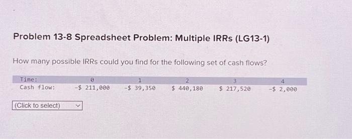  Problem 13-8 Spreadsheet Problem: Multiple IRRs (LG13-1) How many possible IRRs