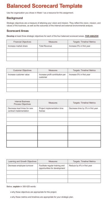 Please Help, It's for Amazon Balanced Scorecard Template Use the organization you
