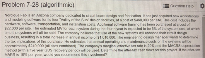  Problem 7-28 (algorithmic) Question Help * Nordique Fab is an Arizona