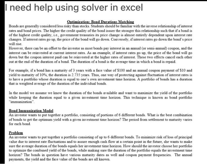  I need help using solver in excel Optimization: Bond Durations Matching
