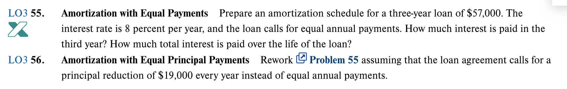 ONLY the solution for 56 LO3 55 Prepare an amortization schedule for