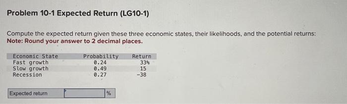  Compute the expected return given these three economic states, their likelihoods,