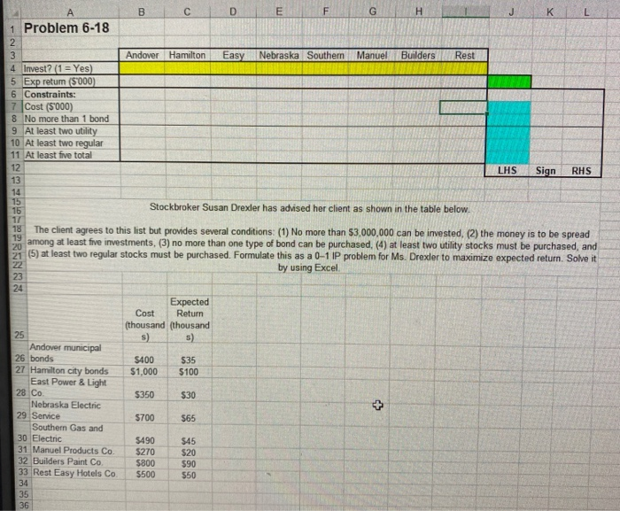  D E F G H I 1 Problem 6-18 Andover Hamilton