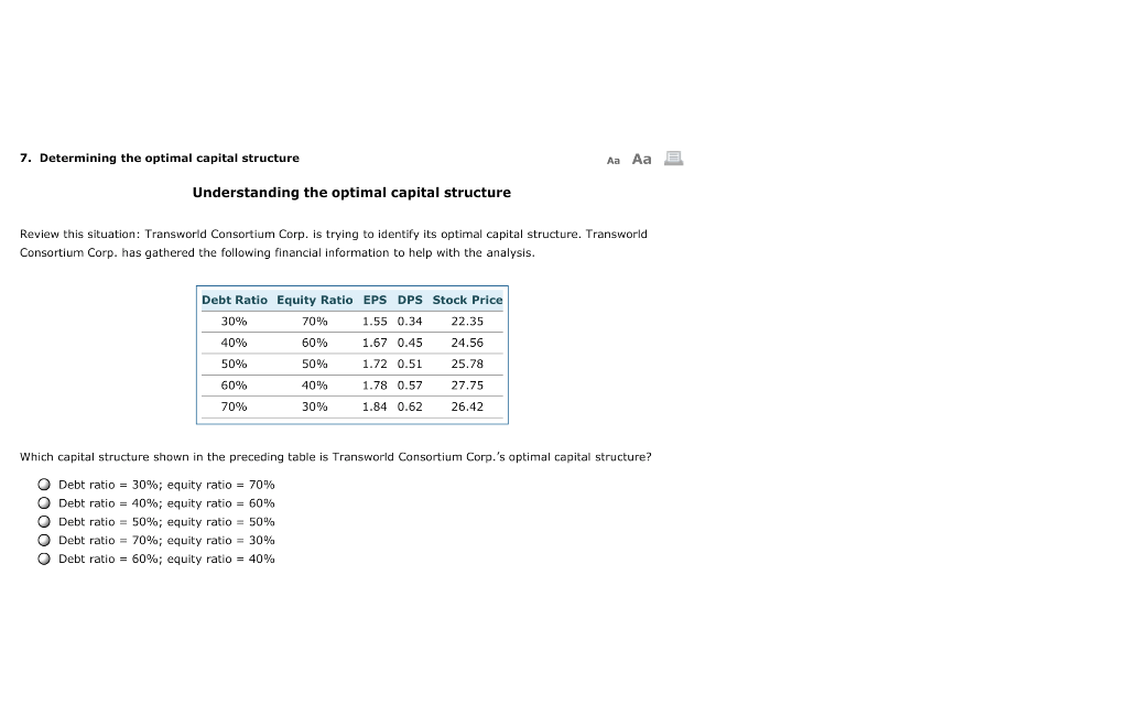  7. Determining the optimal capital structure Aa Aa E Understanding the