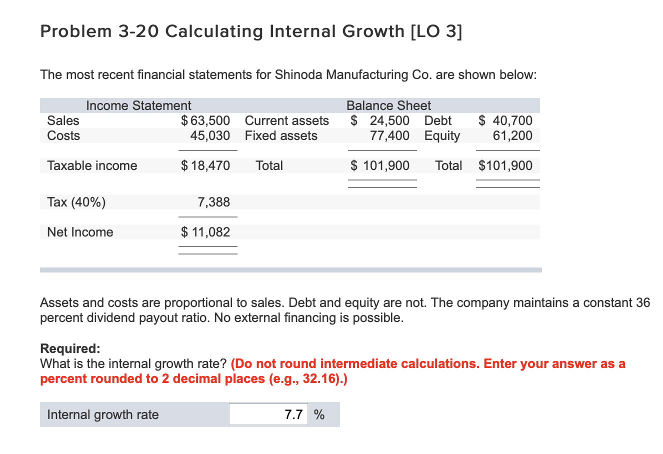  Problem 3-20 Calculating Internal Growth [LO 3] The most recent financial