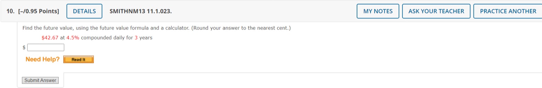  /0.95 Points] SMITHNM13 11.1.023. Find the future value, using the future