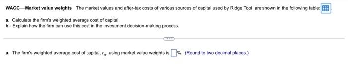 please answer this WACCMarket value weights The market values and after-tax costs