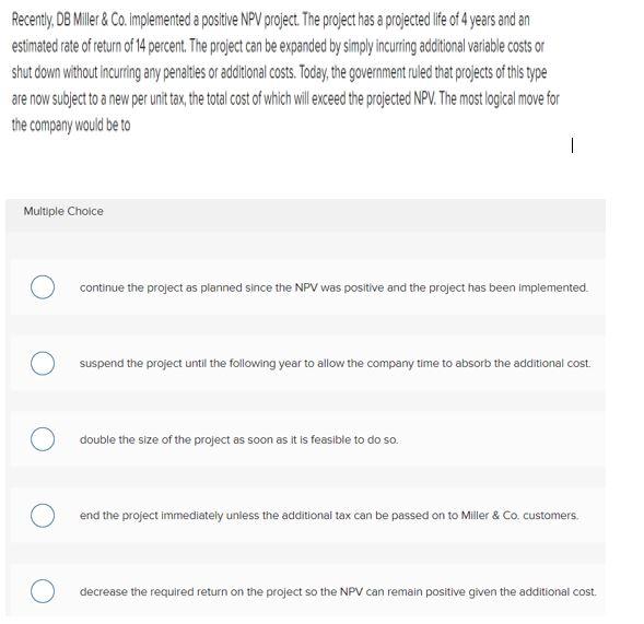 Recently, DB Miller & Co. Implemented a positive NPV project. The