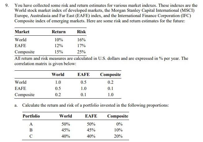  9. You have collected some risk and return estimates for various