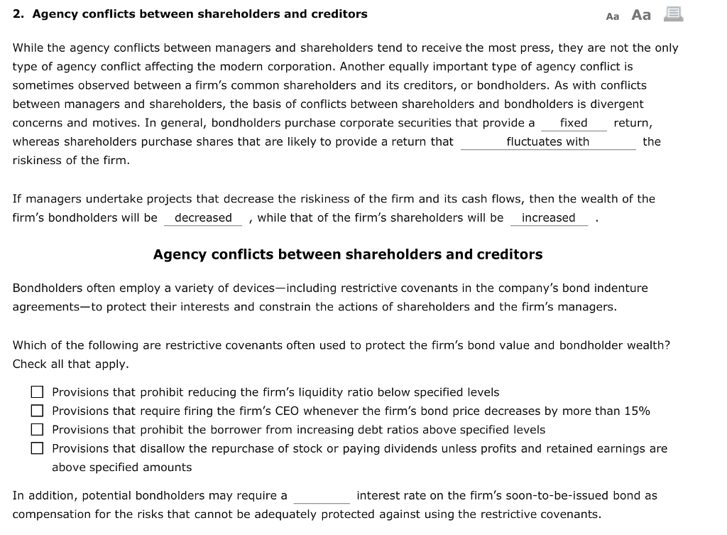  Please answer 2. Agency conflicts between shareholders and creditors Aa Aa