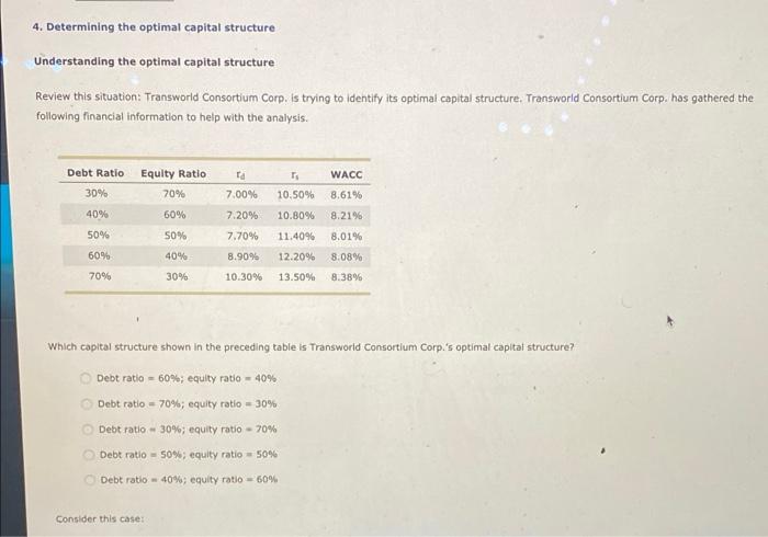  4. Determining the optimal capital structure Understanding the optimal capital structure