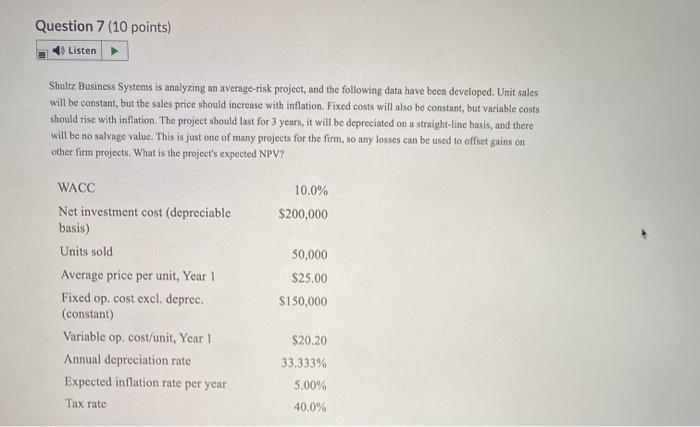  Question 7 (10 points) Listen Shultz Business Systems is analyzing an