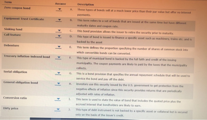  Term Answer Description Zero coupon bond A Equipment Trust Certificate B.