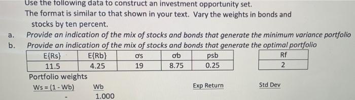  a. b. Use the following data to construct an investment opportunity
