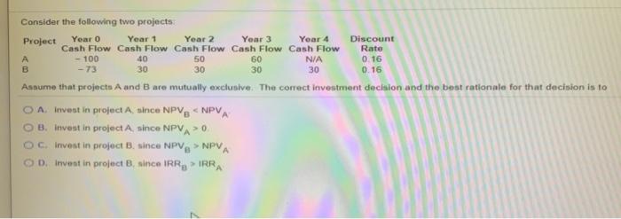  Consider the following two projects Project Year o Year 1 Year