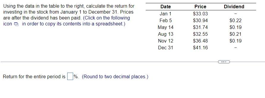  Using the data in the table to the right, calculate the
